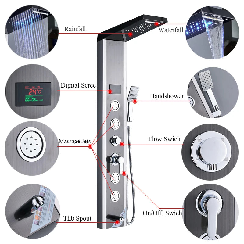 LED Rainfall Shower Panel Tower System with Massage Jets