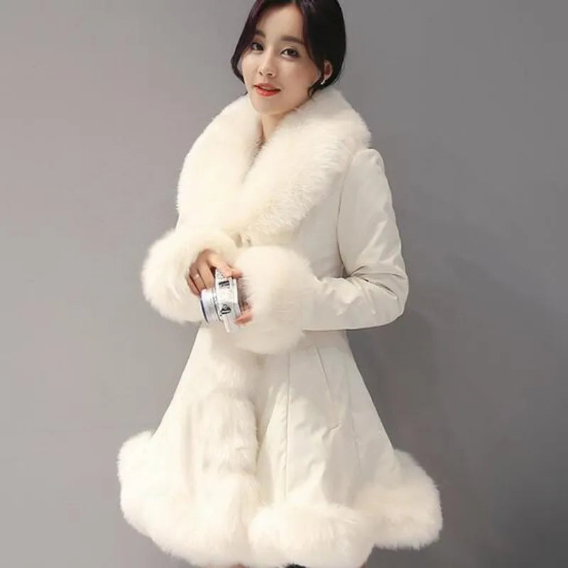 Women's Thick Warm Faux Fur Leather Mid-Long Parka Coat