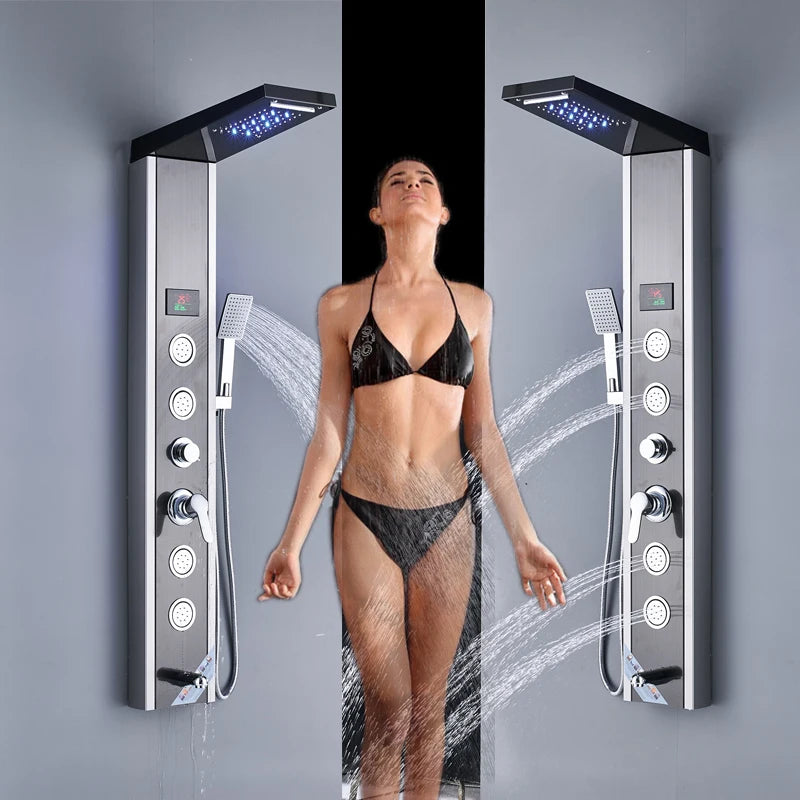LED Rainfall Shower Panel Tower System with Massage Jets