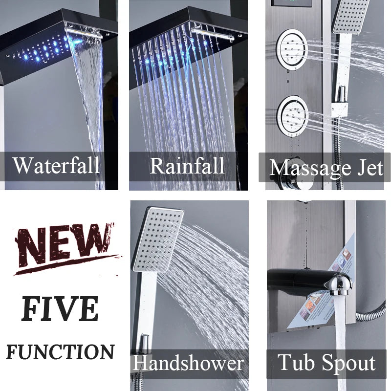 LED Rainfall Shower Panel Tower System with Massage Jets
