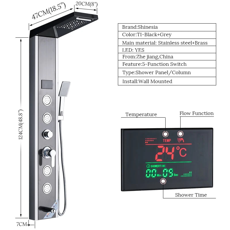 LED Rainfall Shower Panel Tower System with Massage Jets