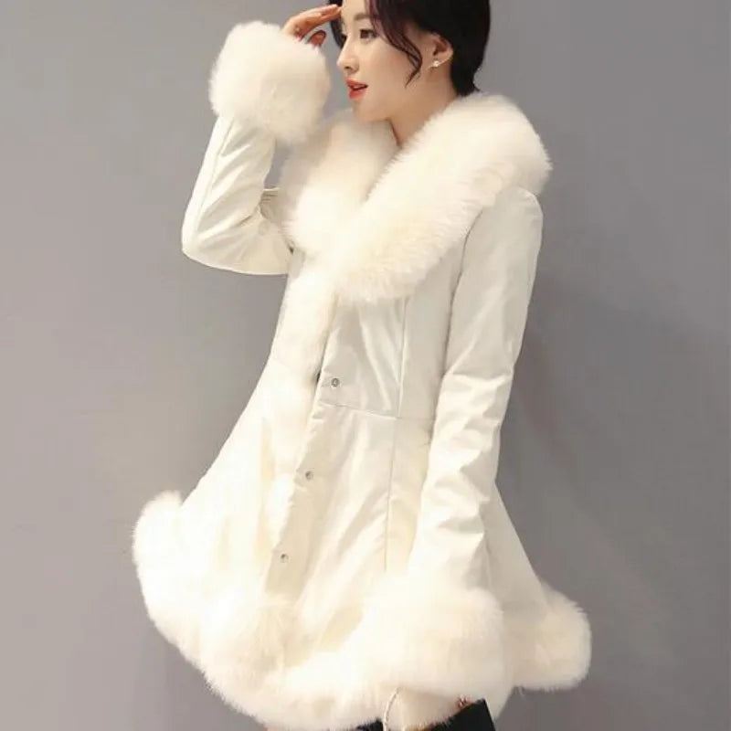 Women's Thick Warm Faux Fur Leather Mid-Long Parka Coat