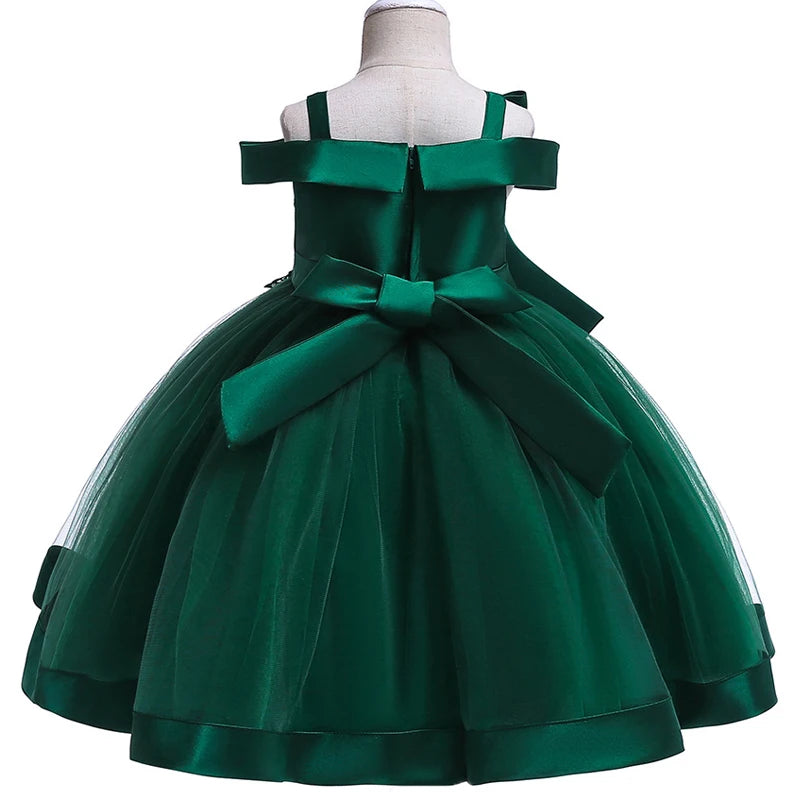 Girls' Flower Applique Bow Princess Ball Gown Dress