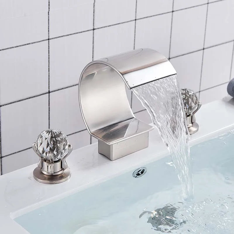 Waterfall Basin Faucet and Dual Crystal Handle Bathroom Mixer Tap