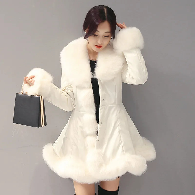 Women's Thick Warm Faux Fur Leather Mid-Long Parka Coat