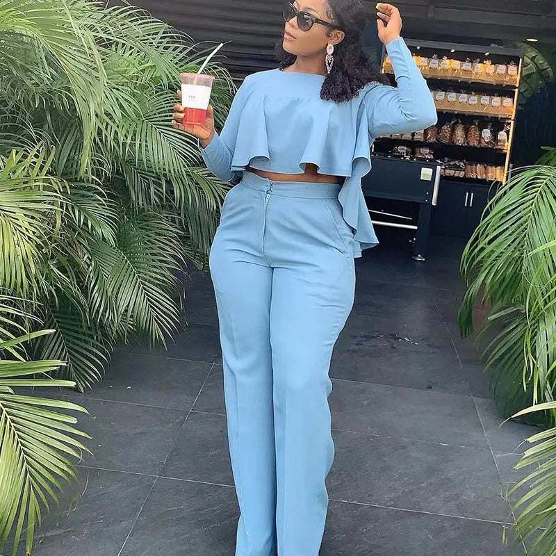 Women's Two Piece Ruffle Crop Top and Wide Leg Pants Set