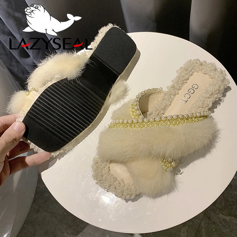 Women's Beaded Faux Fur Flat Slide Slippers