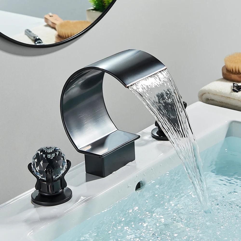 Waterfall Basin Faucet and Dual Crystal Handle Bathroom Mixer Tap