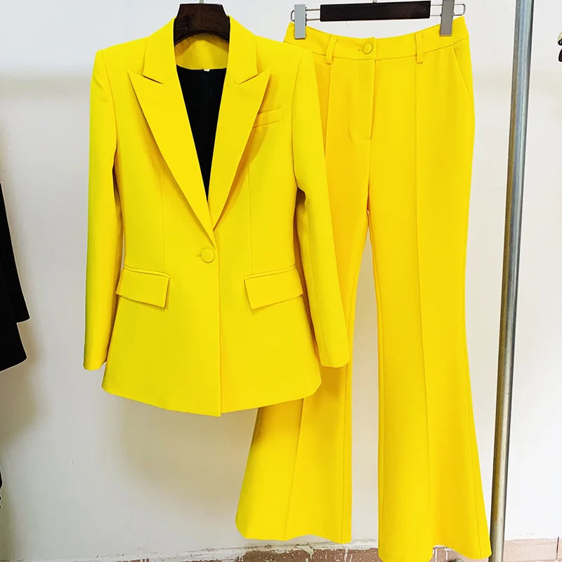 Women's Single Button Blazer and Flared Pants Suit Set