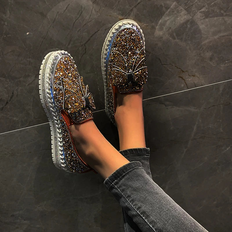 Women's Rhinestone Platform Loafers Casual Glitter Slip-On Shoes