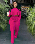 Women's Two Piece Ruffle Crop Top and Wide Leg Pants Set