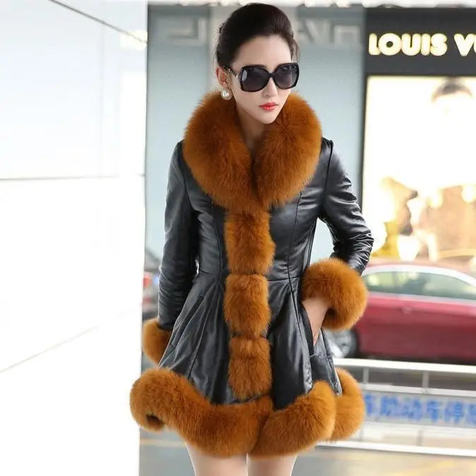 Women's Thick Warm Faux Fur Leather Mid-Long Parka Coat