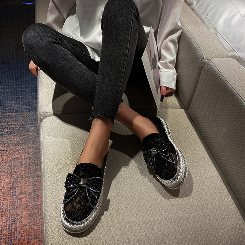 Women's Rhinestone Platform Loafers Casual Glitter Slip-On Shoes