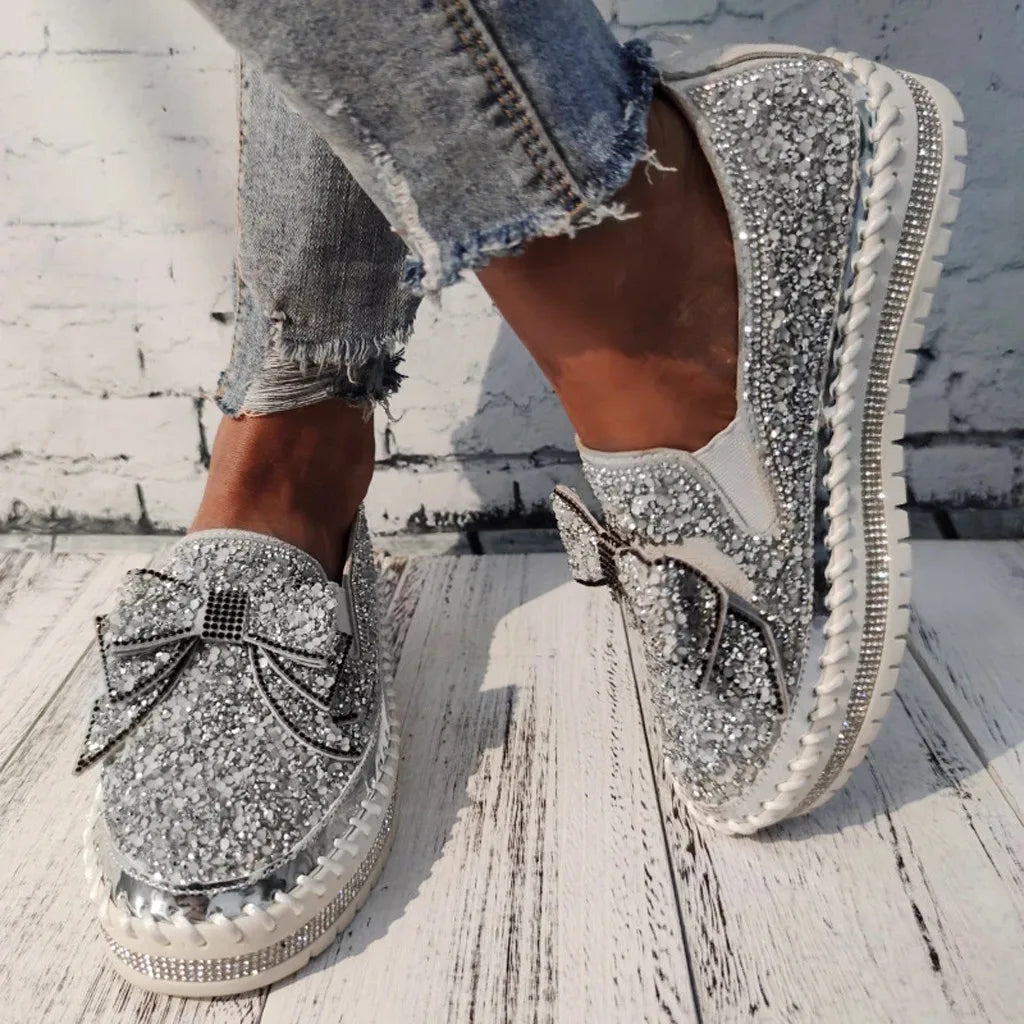 Women's Rhinestone Platform Loafers Casual Glitter Slip-On Shoes