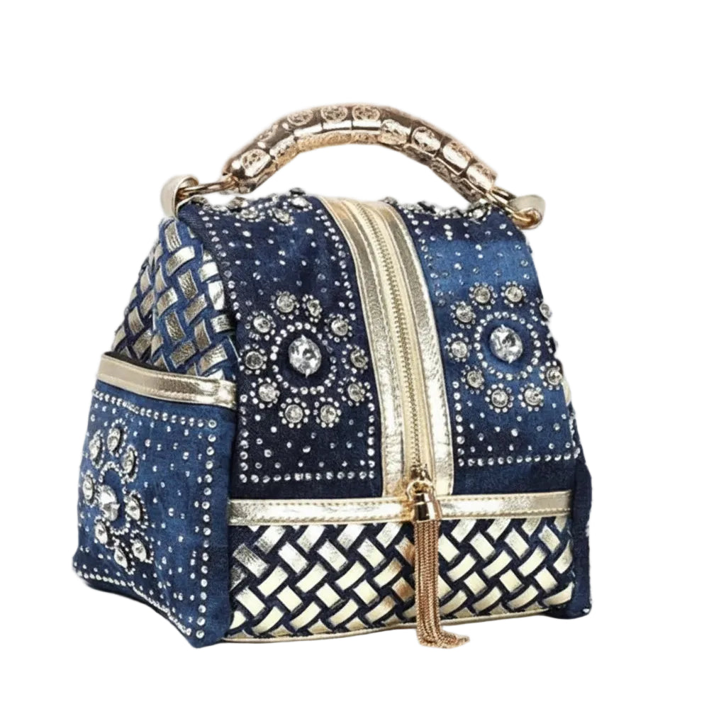Denim Shoulder Bag with Diamond Tassels 7.9x5.9x5.9in