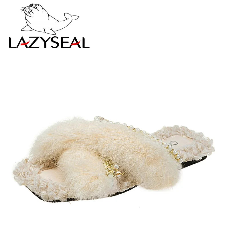 Women's Beaded Faux Fur Flat Slide Slippers