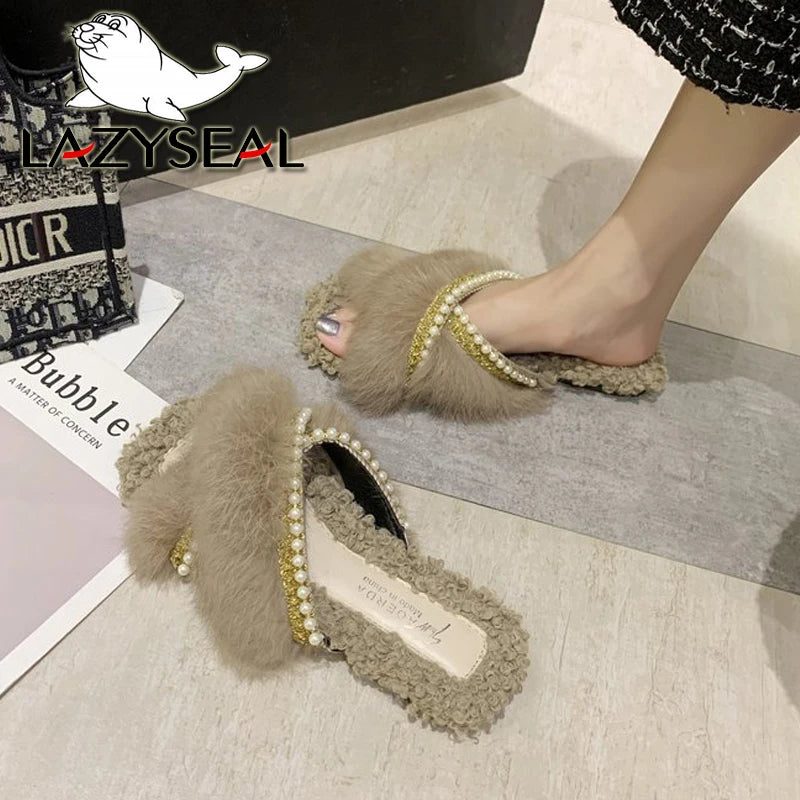 Women's Beaded Faux Fur Flat Slide Slippers