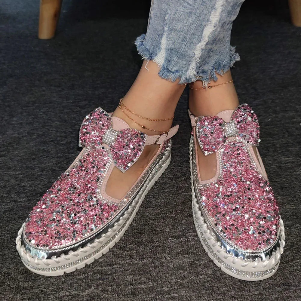 Women's Rhinestone Platform Loafers Casual Glitter Slip-On Shoes