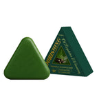 Green triangular shampoo bar with packaging on a white background