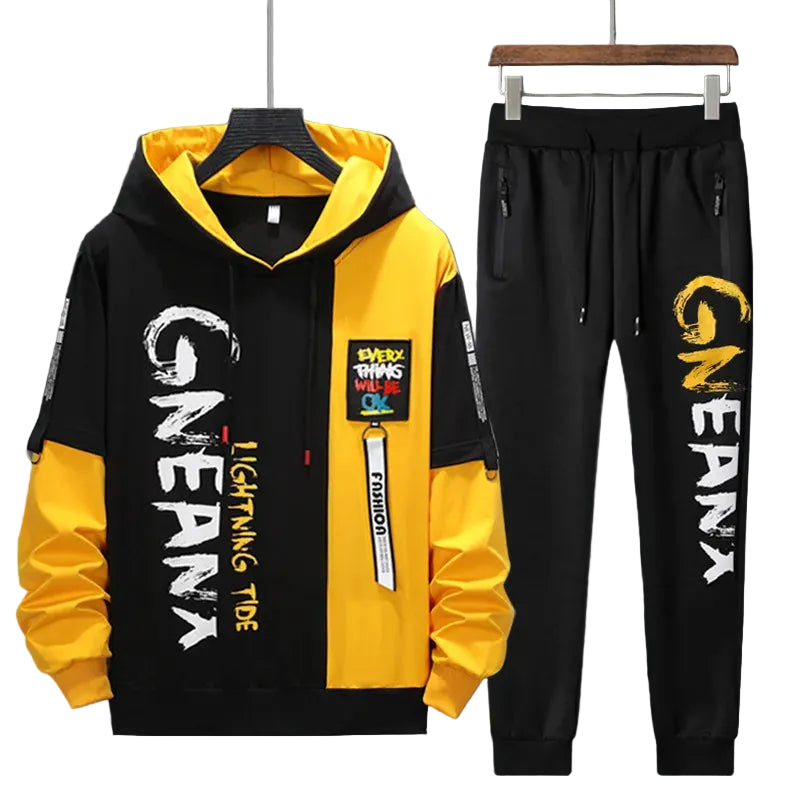 Men's Patchwork Hoodie and Sweatpants Tracksuit Set