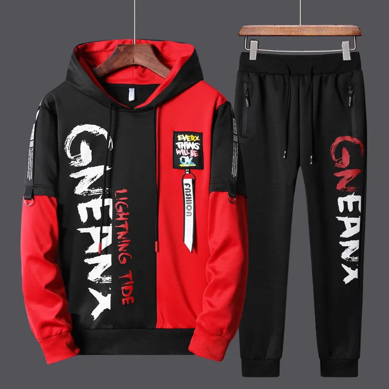 Men's Patchwork Hoodie and Sweatpants Tracksuit Set