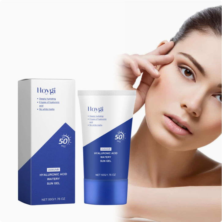 Hoygi sunscreen product with packaging and a woman applying it.
