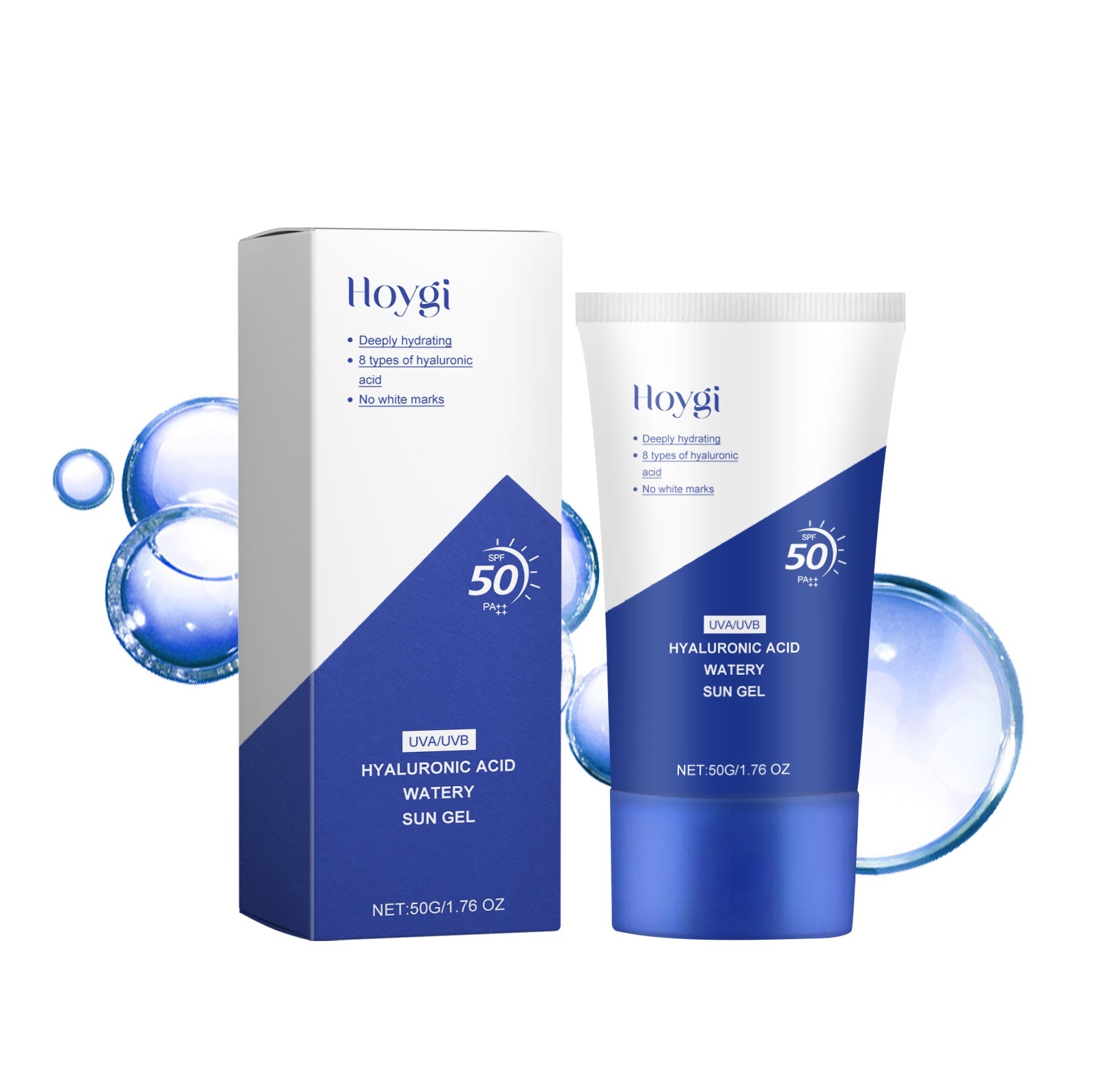 Hoygi sunscreen gel packaging with blue and white design on a white background