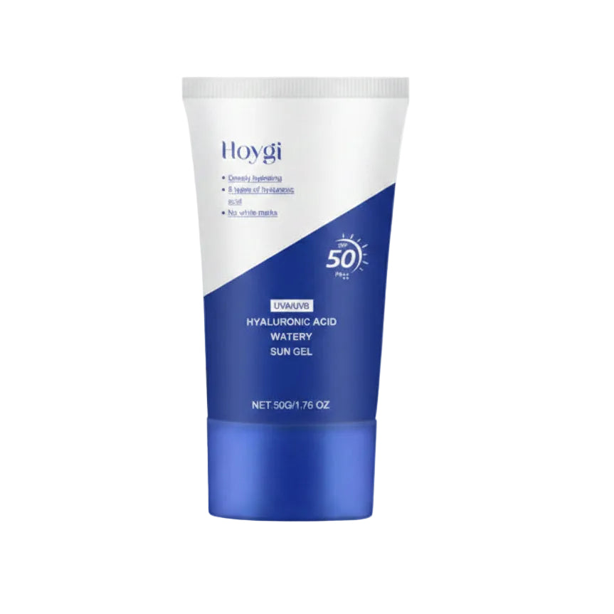 A tube of Hoygi Unaid Hyaluronic Acid Hyattory Sun Gel, featuring a white and blue design with a blue cap, set against a plain white background.