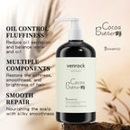 Venrock Cocoa Butter shampoo bottle with text highlighting product benefits on a blurred natural background