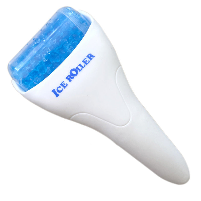Ice roller with blue roller and white handle on a white background