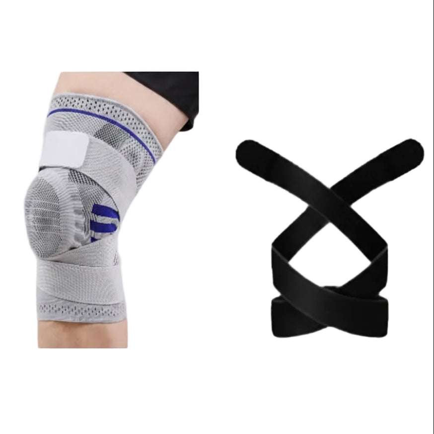 Gray knee brace on a person's knee with a close-up of black elastic bandage on a white background.