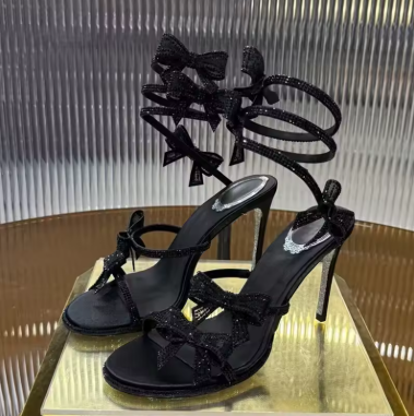 Women's Rhinestone Mesh Bowknot Snake Coiled Gladiator Stiletto Sandals 3.7in