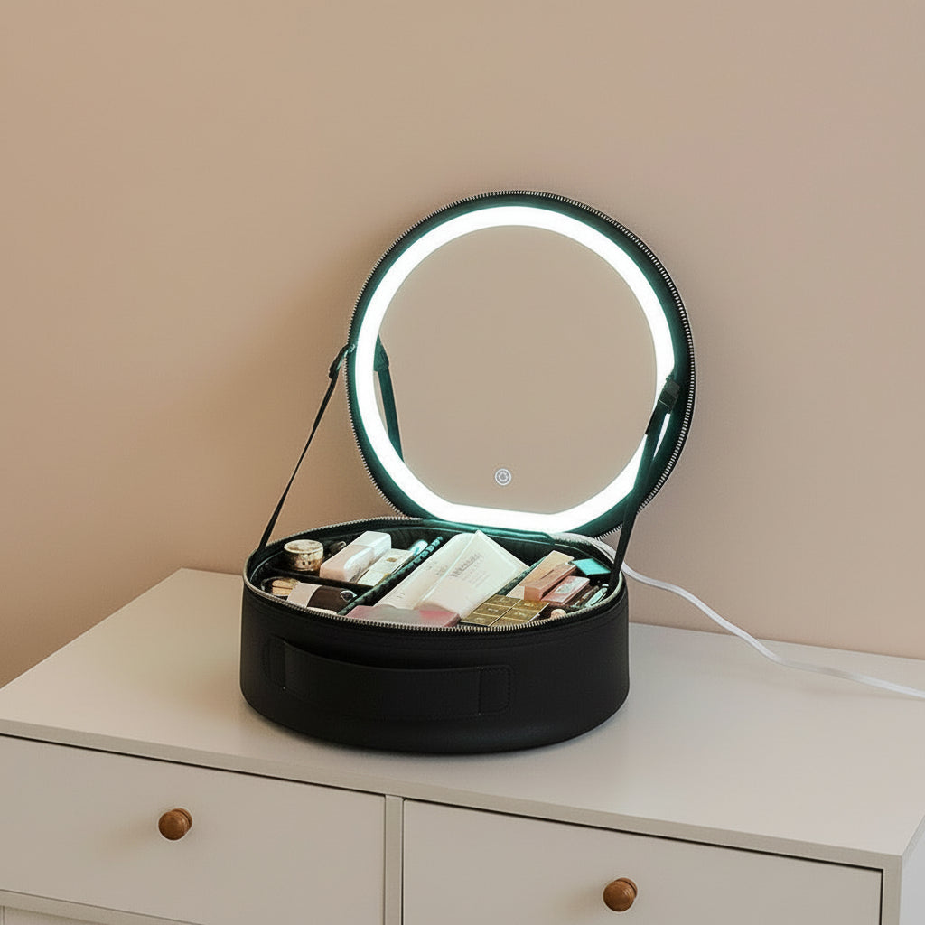 Makeup case with a round mirror on a table with flowers and other items.