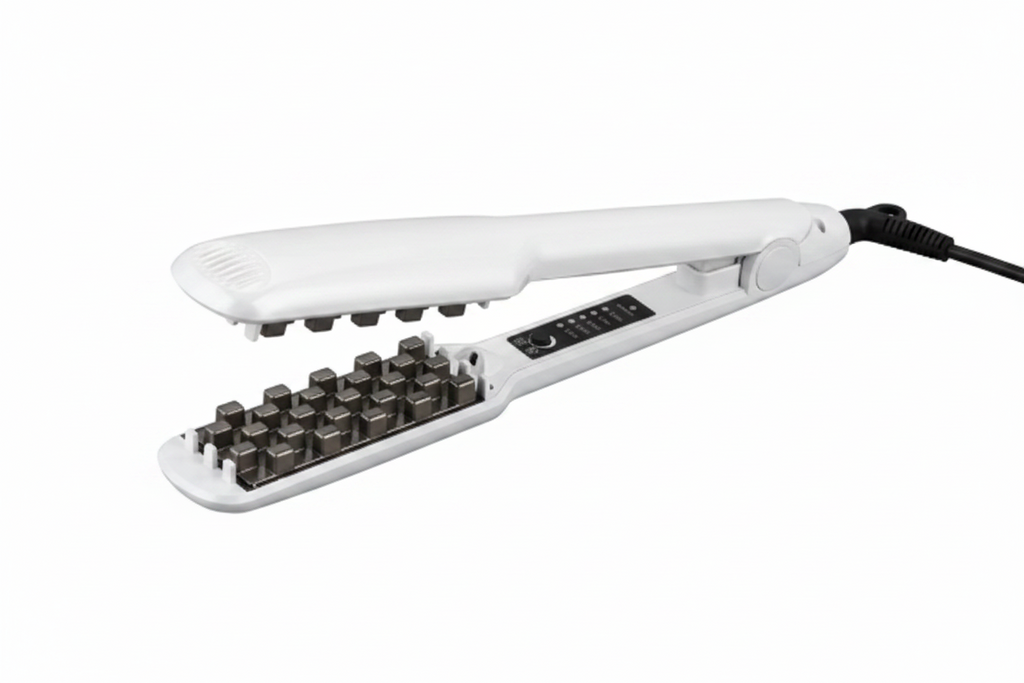 Two flat hair straighteners shown on a plain white background: one black and one white, both with metallic plates and a cord visible on the right.