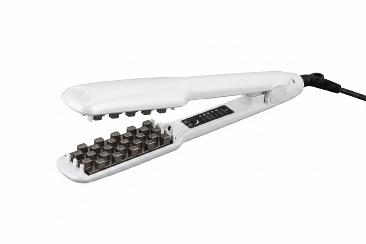 Two flat hair straighteners shown on a plain white background: one black and one white, both with metallic plates and a cord visible on the right.