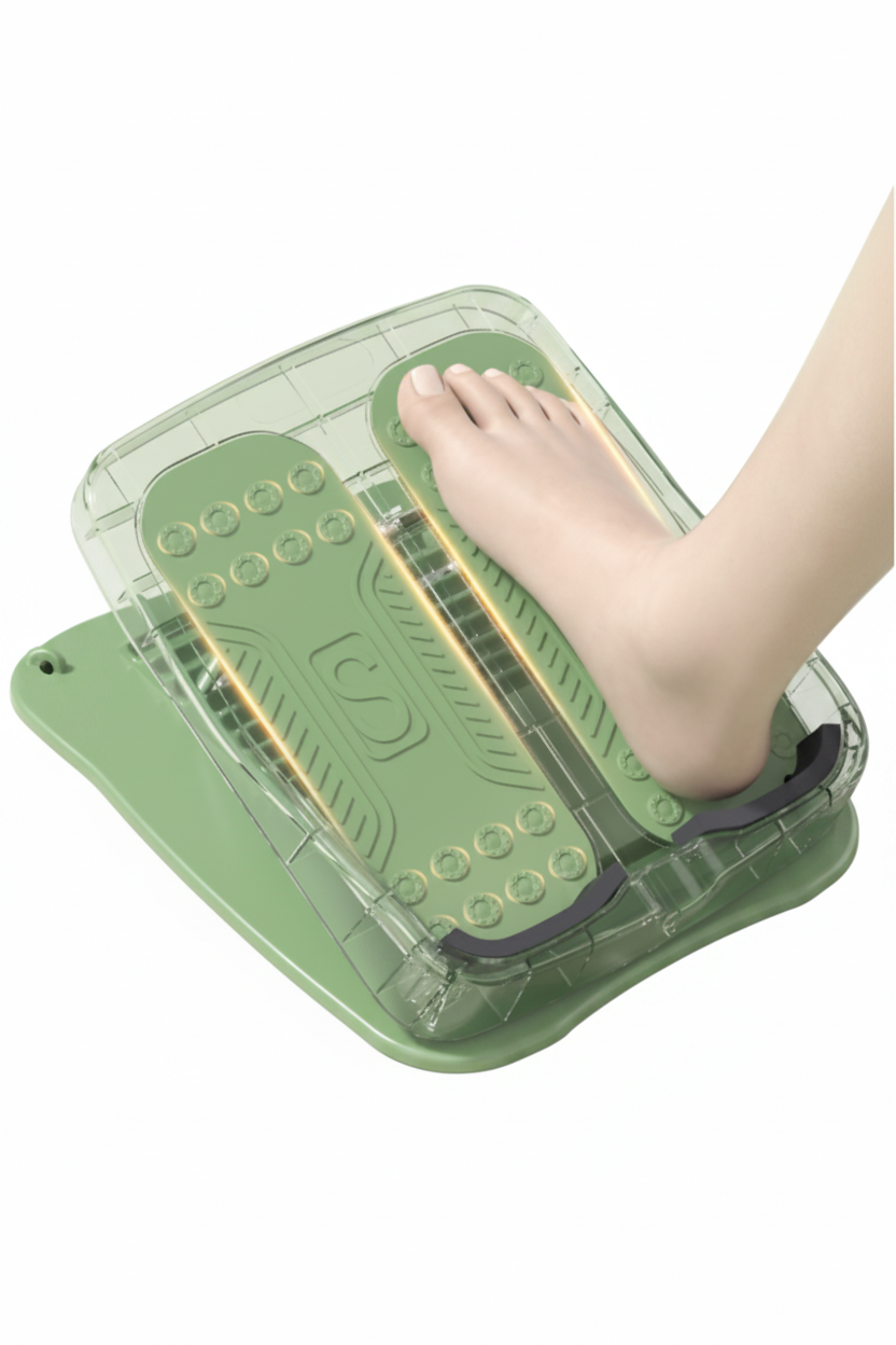 Green foot massager device with a foot placed on it against a light green background