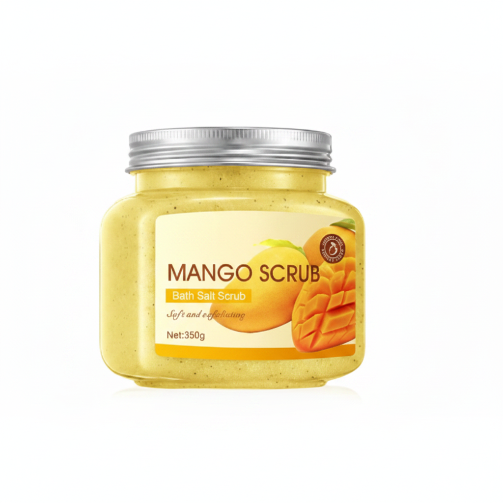 Jar of Mango Bath Salt Scrub with a mango illustration on a white background