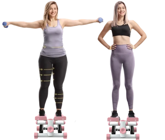 Two women using a step machine with fitness benefits displayed on a gray background.