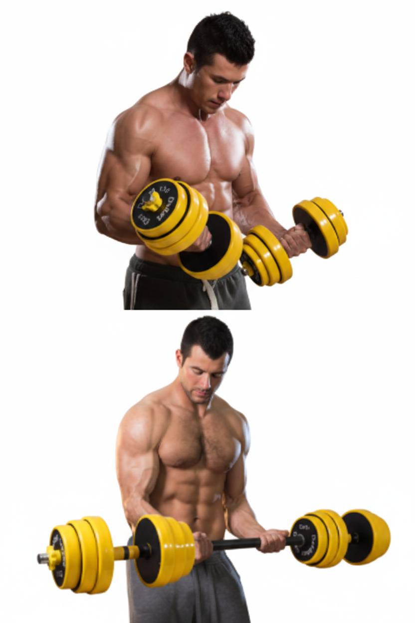 Man lifting dumbbells and barbell in a gym setting with text labels.