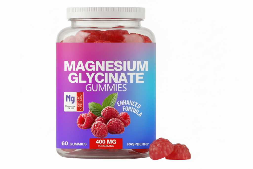 Bottle of magnesium glycinate gummies with raspberry flavor on a white background