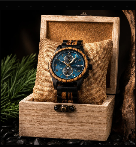 Men's Wooden Chronograph Watch with Luminous Hands and Gift Box