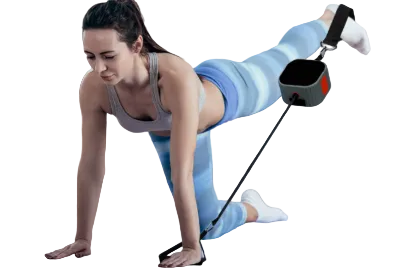 Woman exercising with resistance bands on a mat in a home setting