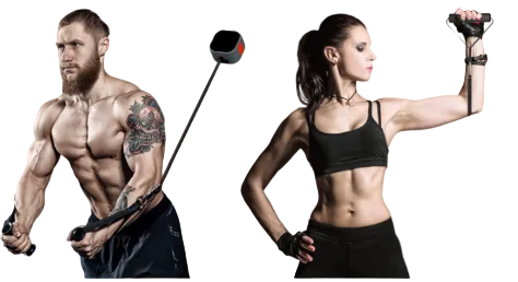 Two people using resistance bands against a gray background