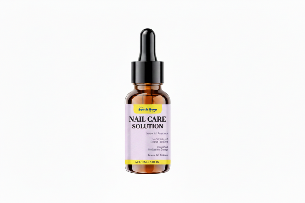 Bottle of nail care solution with dropper on a white background