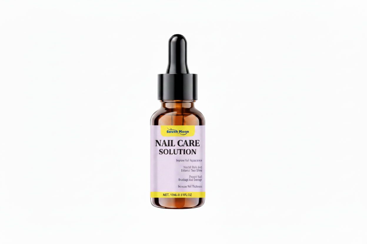 Bottle of nail care solution with dropper on a white background