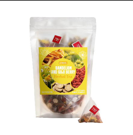 A stand-up pouch of Darjeeling and Soja Berry Herbal Tea with a yellow label, shown on a white background with one tea bag placed in front.