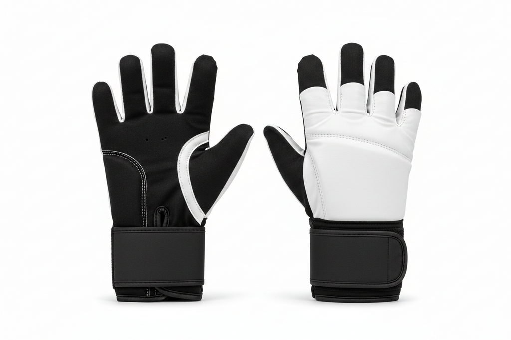 White boxing glove with black accents, showing features on a white background