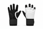 White boxing glove with black accents, showing features on a white background