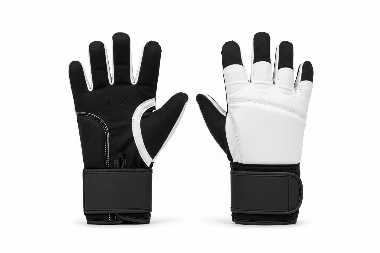White boxing glove with black accents, showing features on a white background