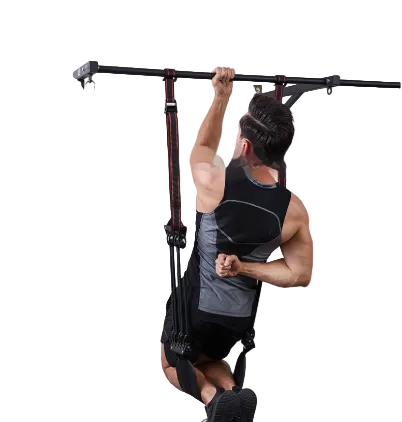 Man performing pull-ups on a resistance training device against a white background
